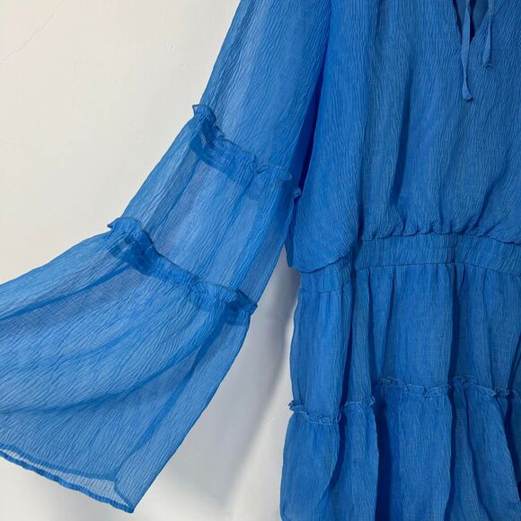 Women’s Dress Size L Blue Long Bell Sleeve Tiered Ruffle Boho Peasant Style - Picture 3 of 7